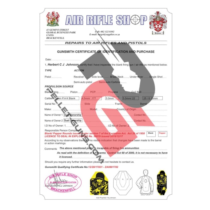 Gunsmith Certification Of Identification And Purchase