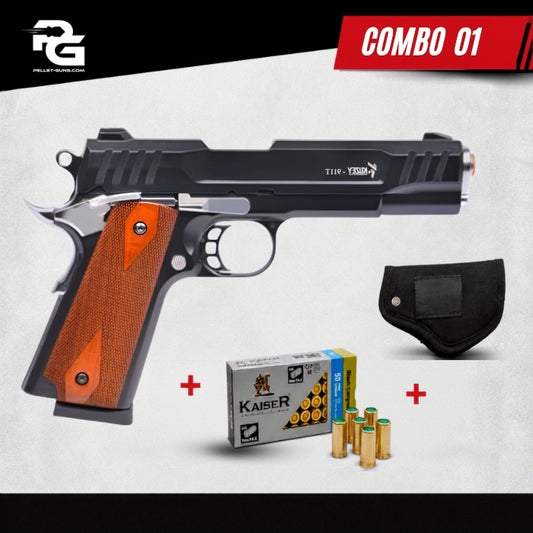 COMBO DEAL - Kuzey 911T#1 Blank Firing Signal Gun - Black/Wooden Grip