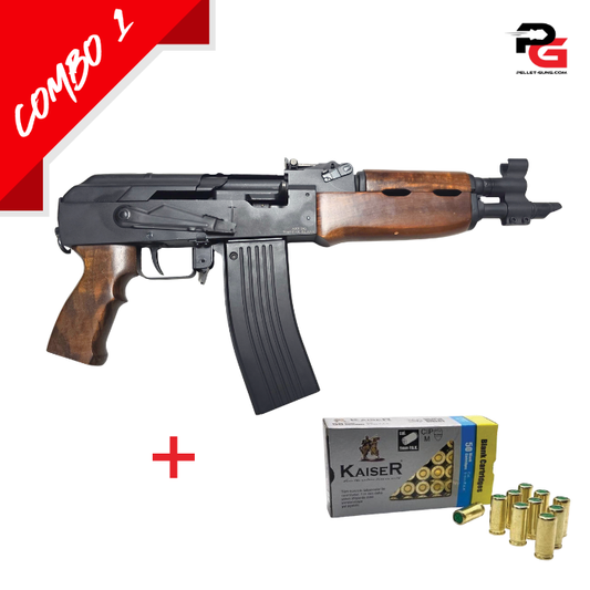 COMBO SPECIAL - AK 47 Short 9mm PAK Blank Firing Gun, Wooden Stock